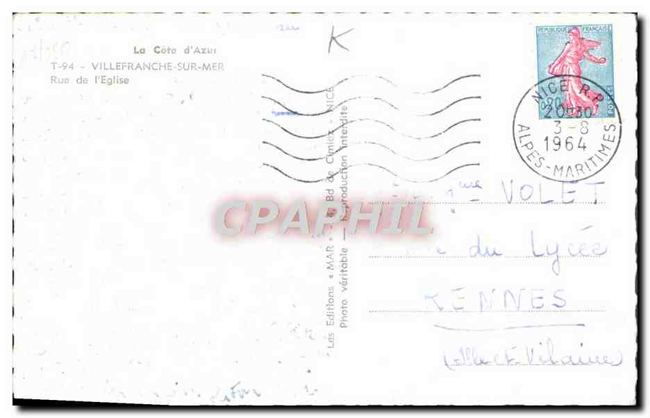 CPM Villefranche Sur Mer Rue de L'Eglise Coiffeur  — Verso
