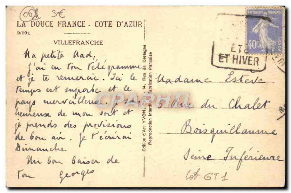 Villefranche-sur-Mer — vue du port et du montagne — Édition d'Art Yvon, n° 06 — Reverso