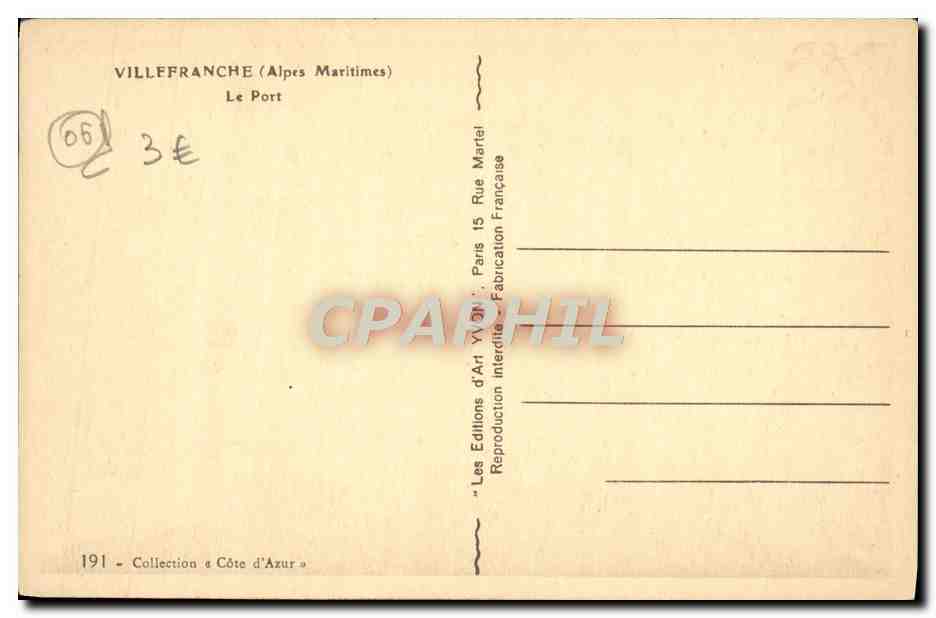 Villefranche (Alpes-Maritimes) — Le Port — Éditions d'Art Vi 3N, Paris — Verso