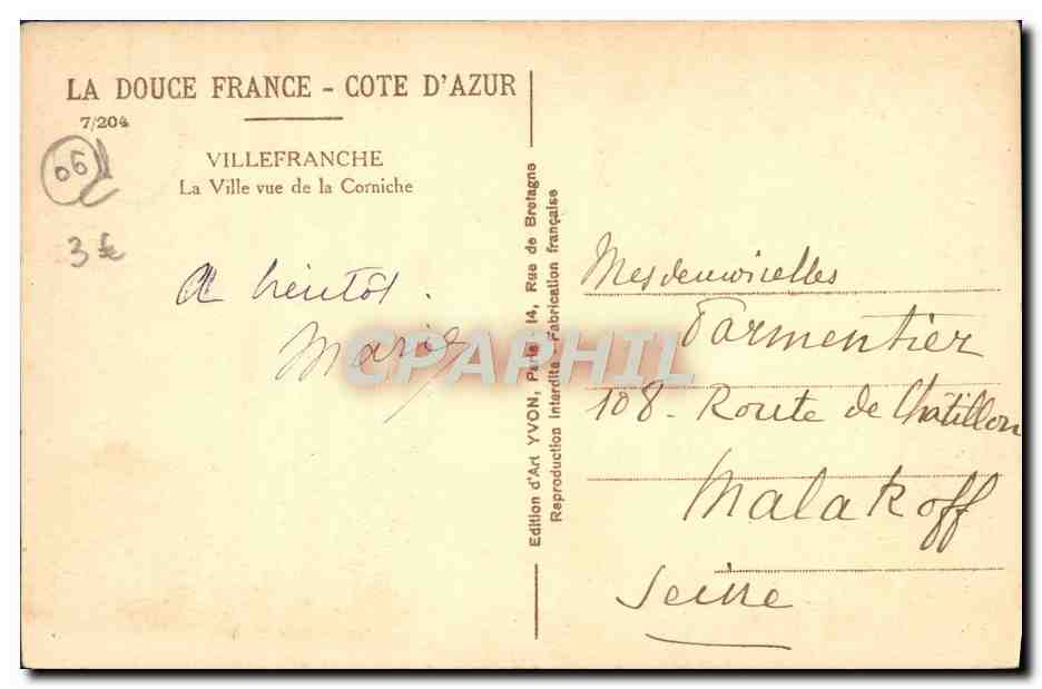 Villefranche-sur-Mer — vue de la Corniche — Édition d'Art YVON, n°7/204 — Reverso