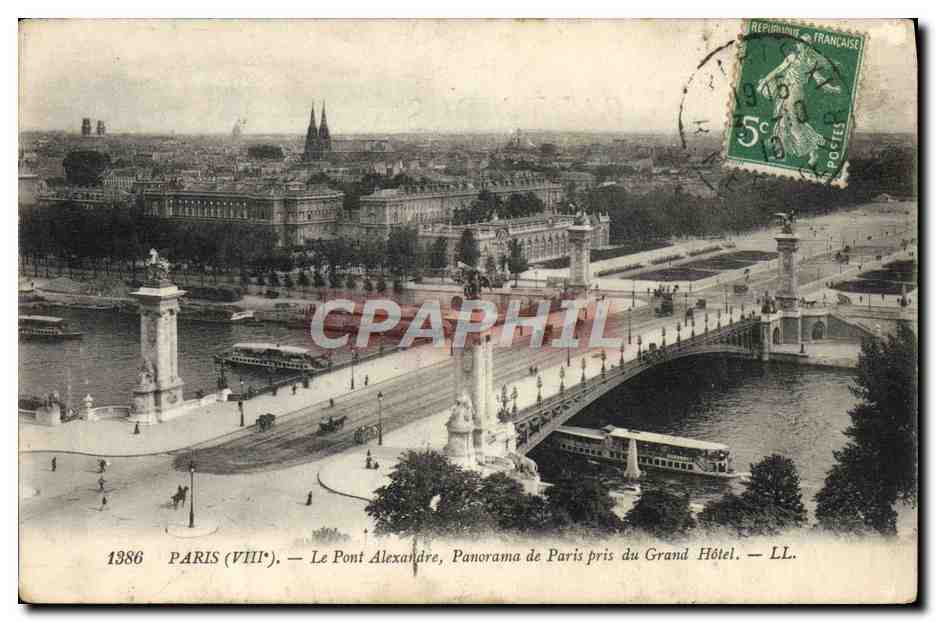 CPA Paris Le Pont Alexandre Panorama de Paris pris du Grand Hotel Peniche