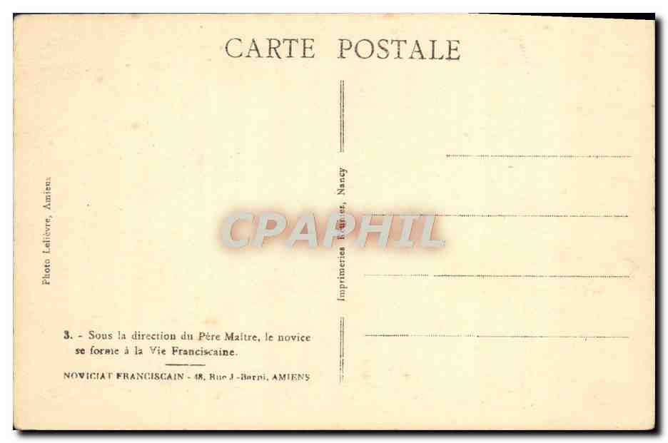 Formation d'un novice franciscain — sous la direction du Père Maître — Imprimerie Lalièvre, Amiens — Achterkant