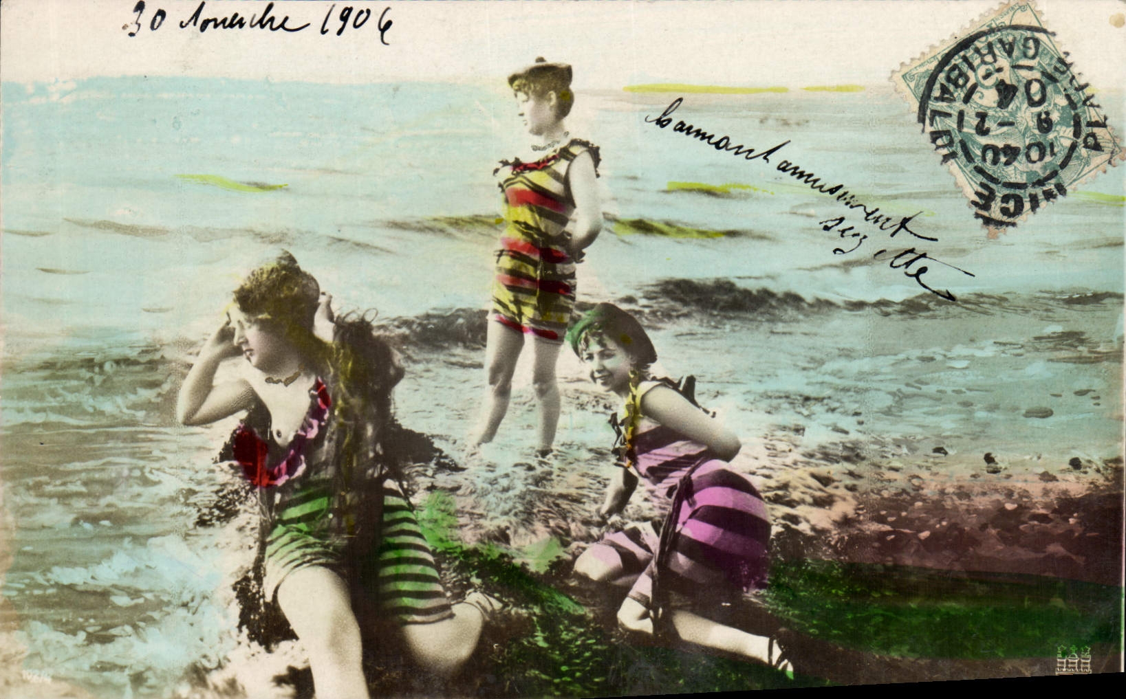 Bains à la mer — trois jeunes filles en maillots — éditeur A. & C. Steglitz, Berlin
