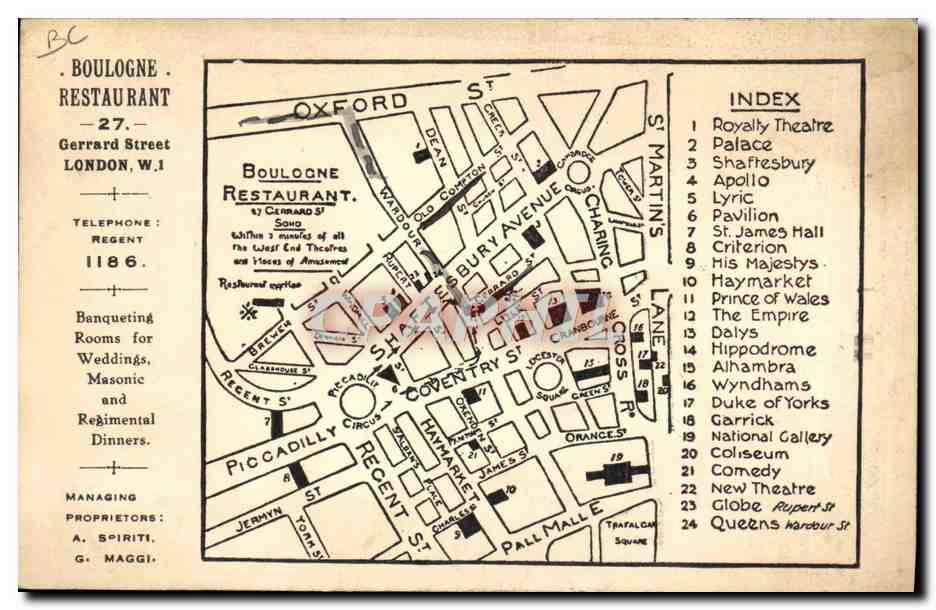 CPA Fantaisie Illustrateur Boulogne Restaurant Gerrard street London  — Rückseite