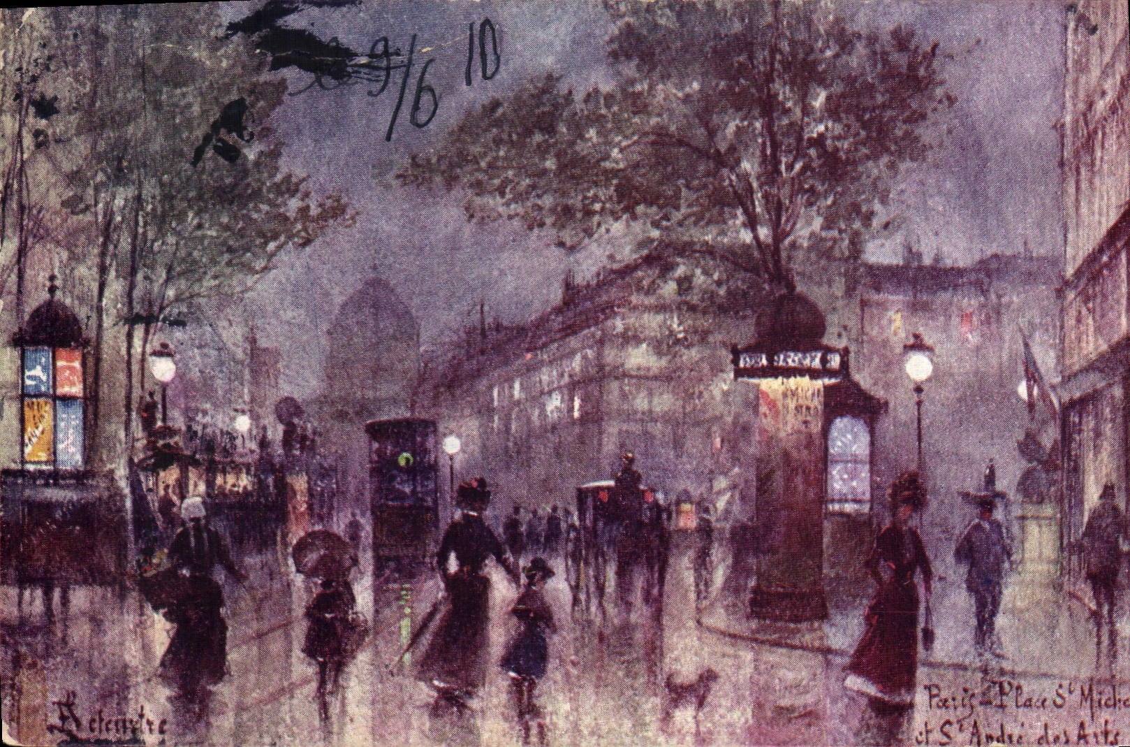 CPA Fantaisie Illustrateur Paris Place St Michel et St Andre des Arts 