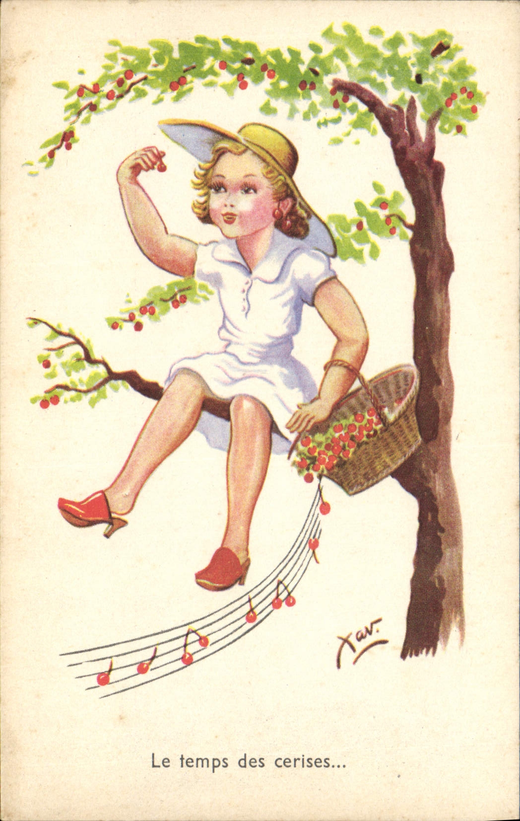 Fille cueillant des cerises dans un arbre — Le temps des cerises... — XAV. (signé) — N° 1002-3