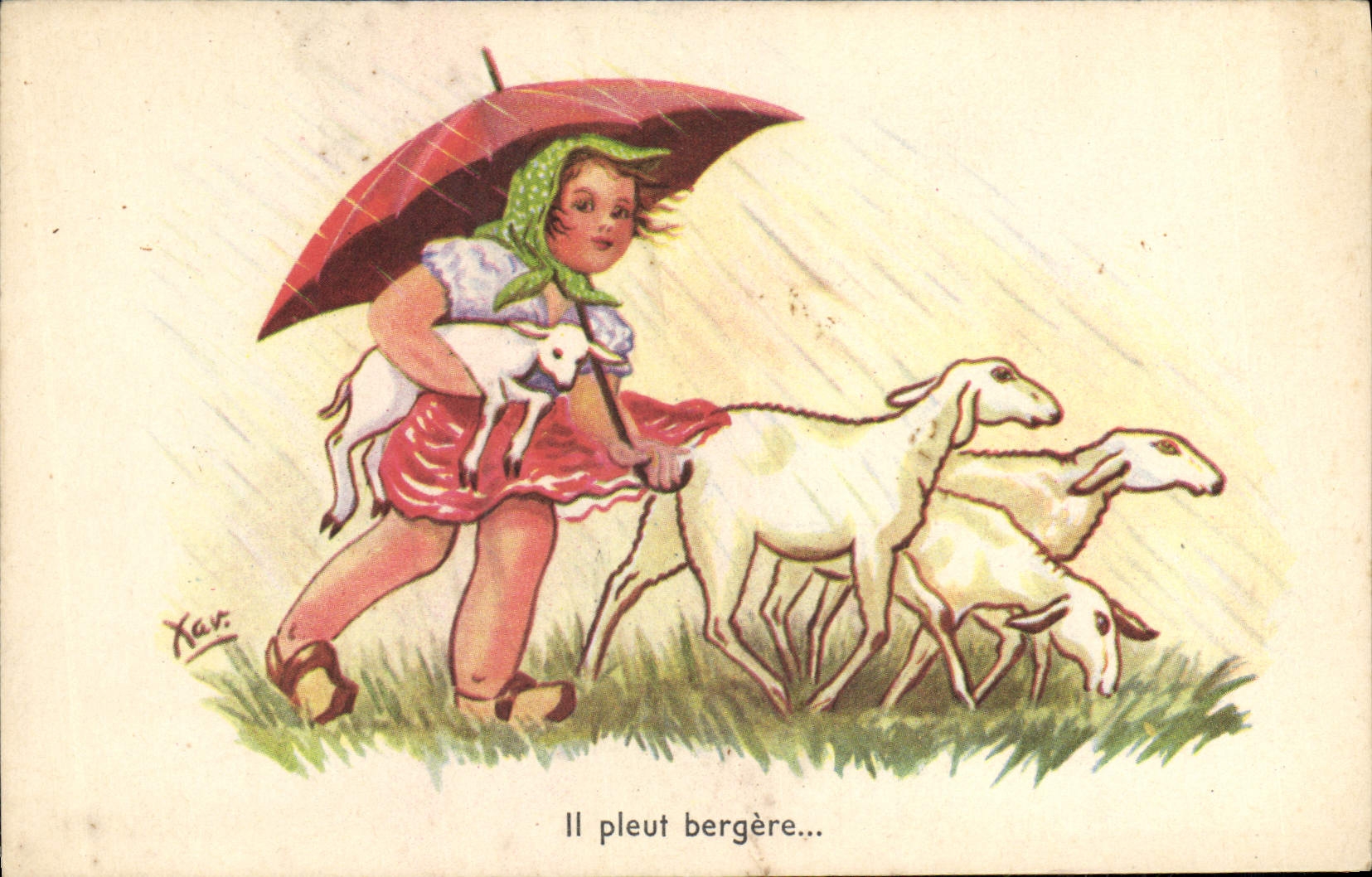 CPA Fantaisie Illustrateur Xan Il pleu bergere Moutons Agneau 