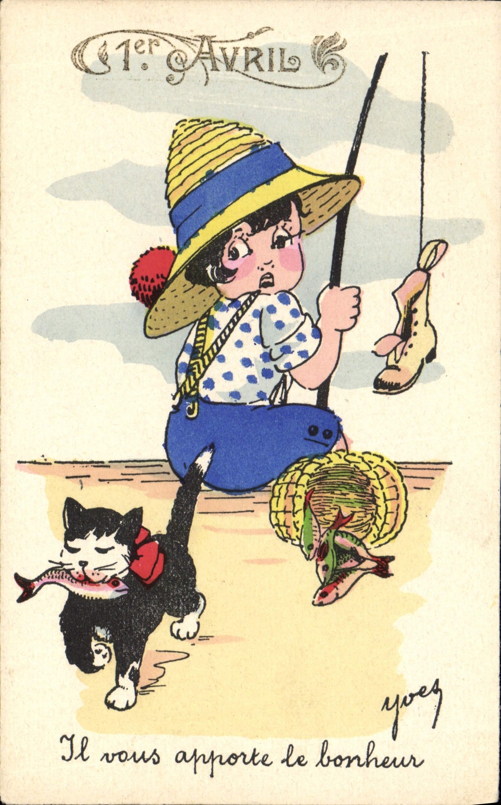 CPA Fantaisie Illustrateur Enfant Chat Chaton peche Pecheur 