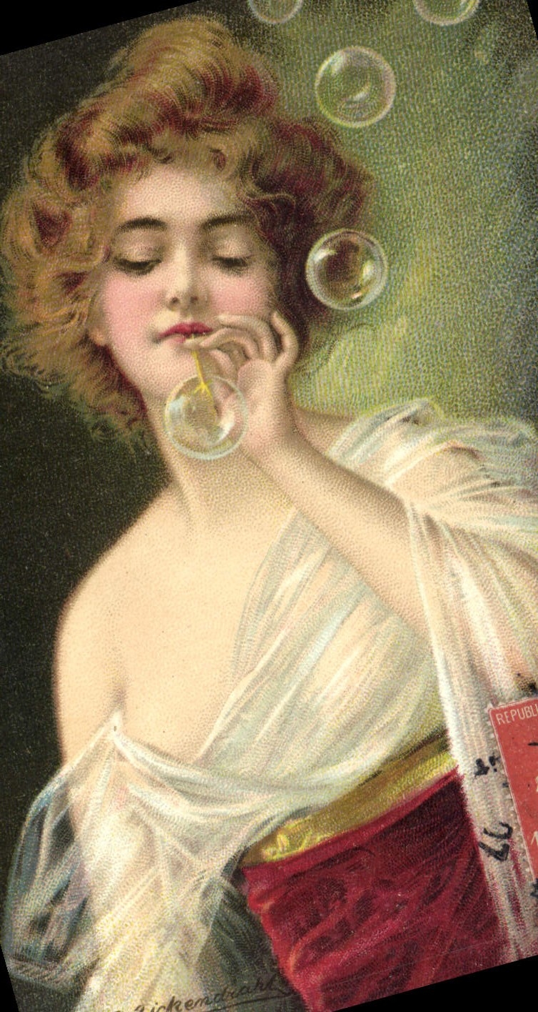 Jeune femme soufflant des bulles — illustration — K.F. Éditeurs, Série 1675