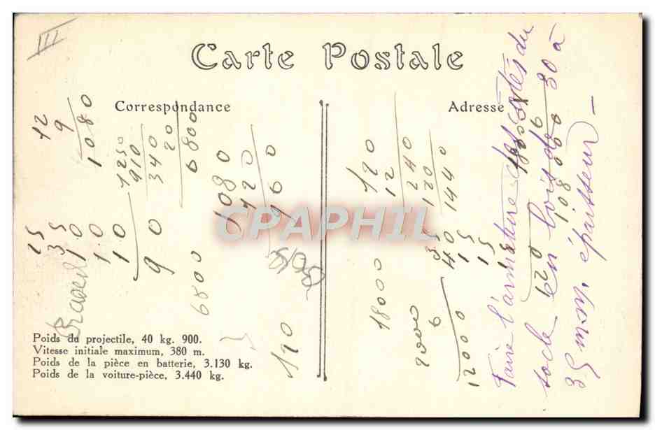 CPA Militaria Obusier Schneider de 15mm de siege — Back