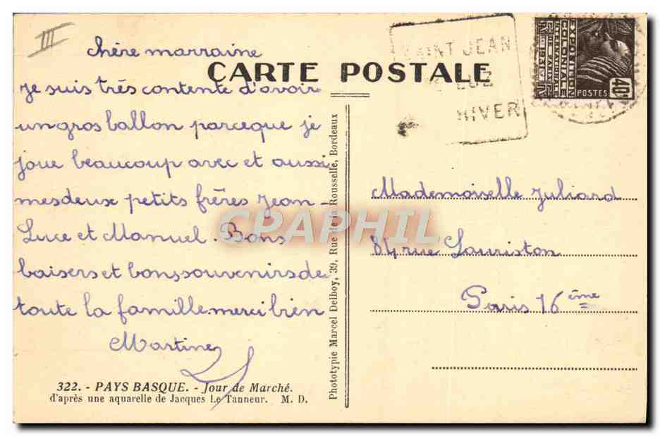 CPA Folklore Pays basque Jour de marche Jacques le Tanneur — Verso