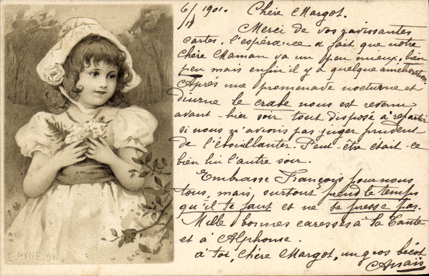 Mädchen in Blumengewand und Hut — E. PYNE 98 — Verleger E. Pyne