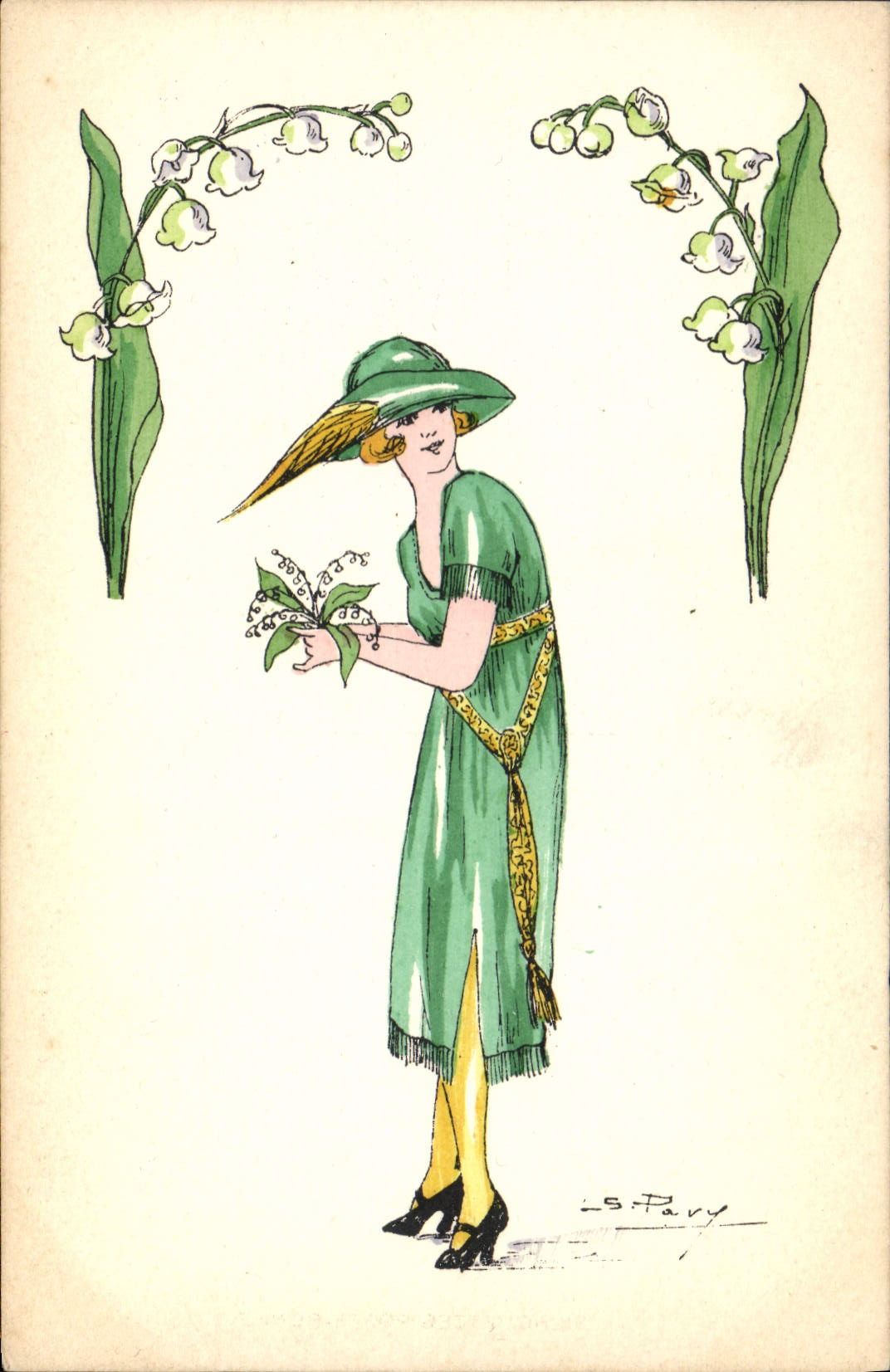 Femme en robe verte et chapeau — lily of the valley — dessin de L.S. Pavy — éditeur J. Picot, Paris