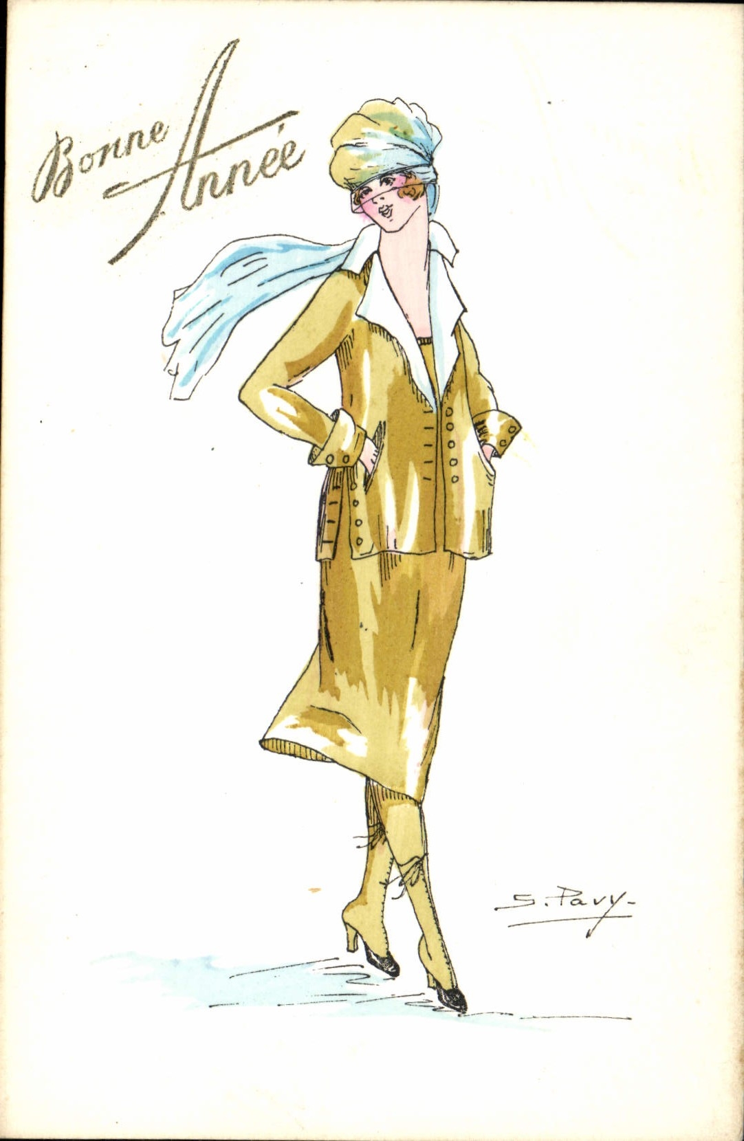 Femme en costume jaune — Bonne Année — S. Pavy — Éditeur PICOT, Paris