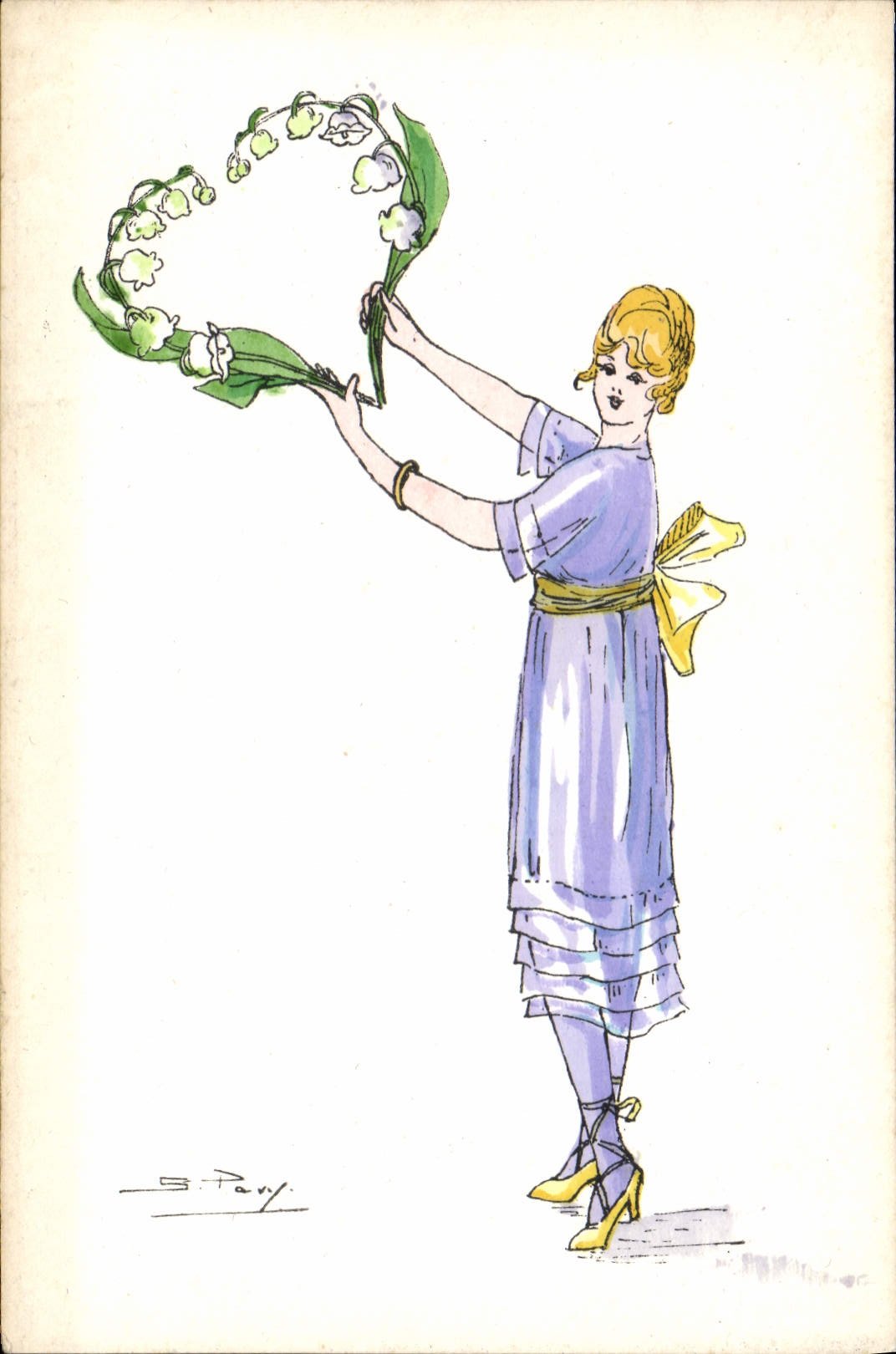 Femme tenant un couronne de muguet — illustration de S. Pavy — Silhouettes Porte-Bonheur, n°10