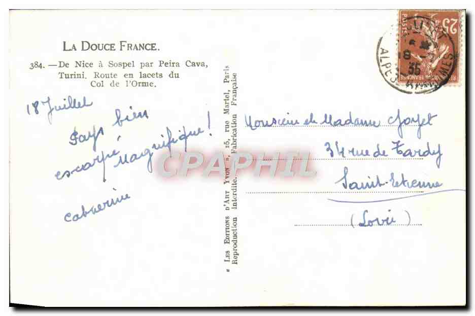 CPA De Nice a Sospel par Peira Cava Turini Route en lacets du Col de l'Orme — Rückseite