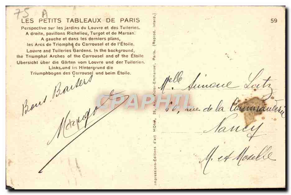 CPA Paris Perspective sur les jardins du Louvre et des Tuileries  — Rückseite