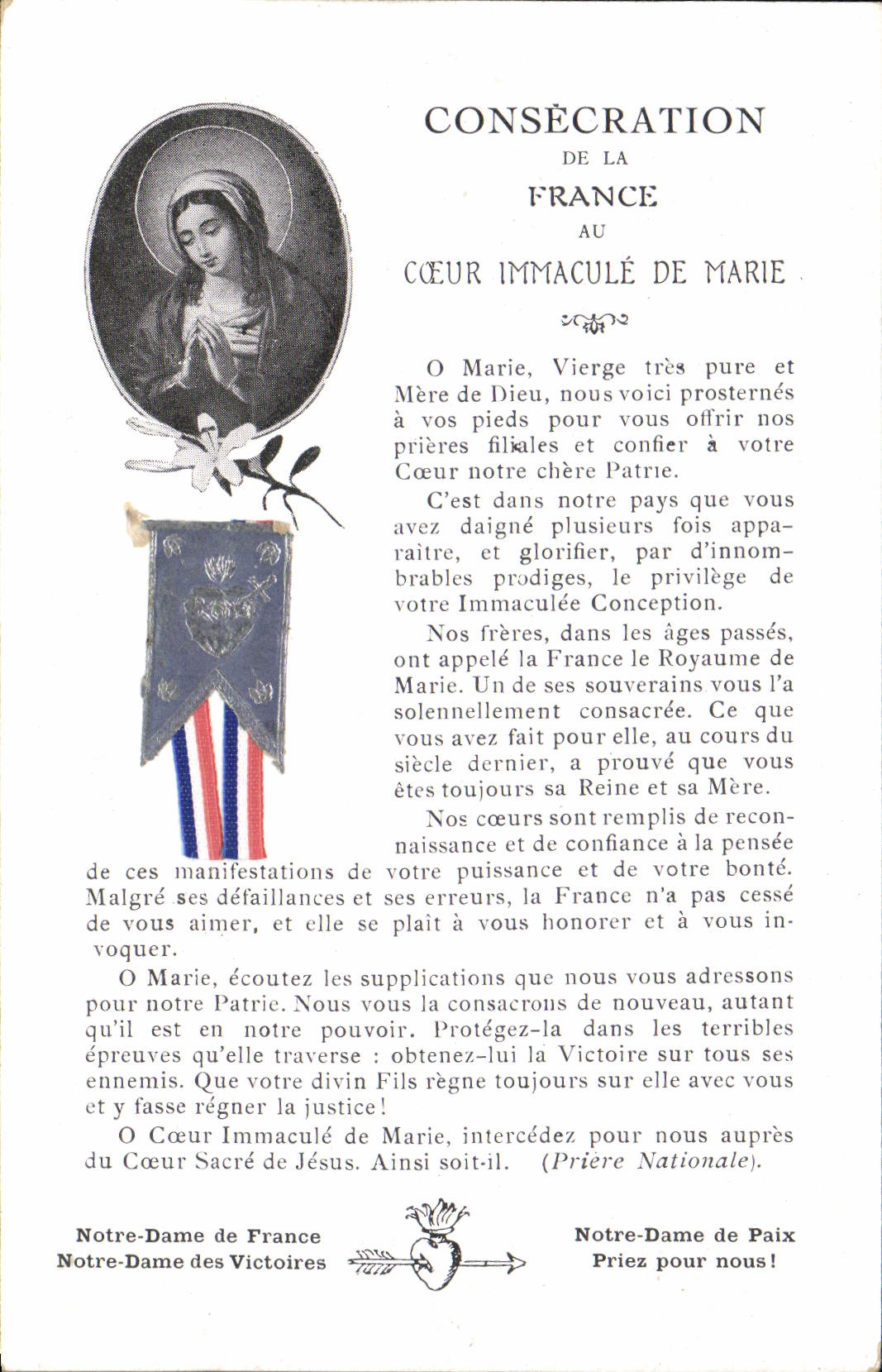 Consecration of France to the Immaculate Heart of Mary — Notre-Dame de France, Notre-Dame des Victoires — Pub. J. D'ARNAUX, Paris