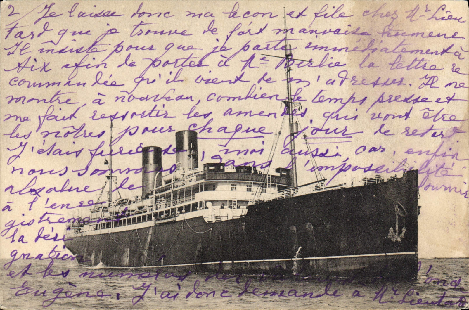 Navire à vapeur — Port — Carte postale signée 'CARTE LOCHLIE' (verso) - Anverso