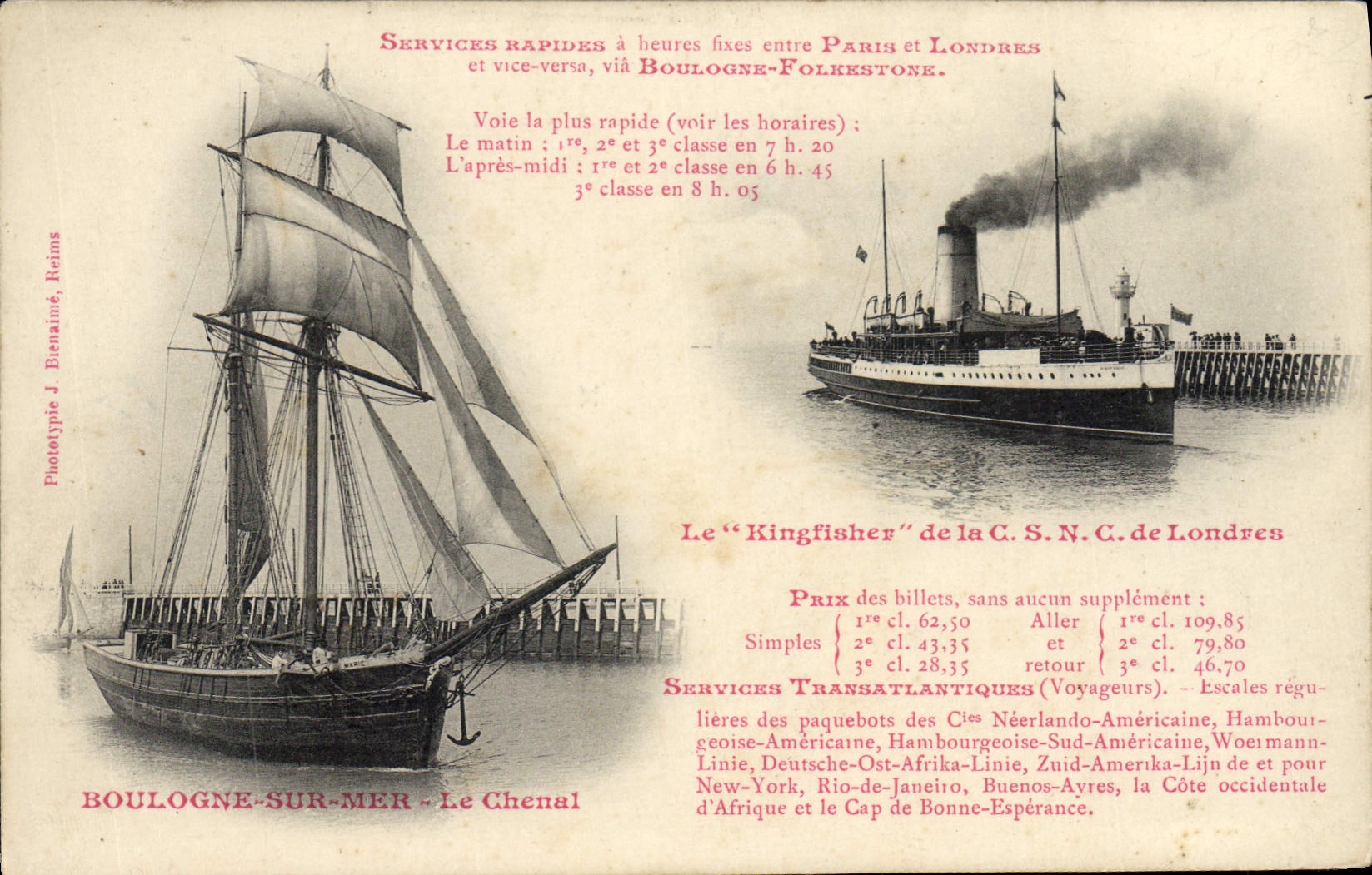 Boulogne-sur-Mer - Le Chenal — Services transatlantiques — Phototypie J. Bienaimé, Reims