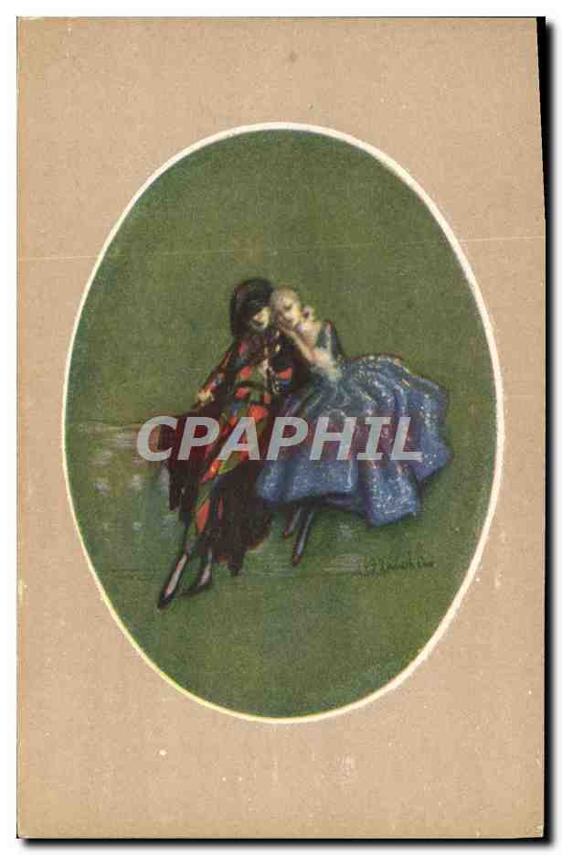 CPA Fantaisie Illustrateur Femme Arlequin