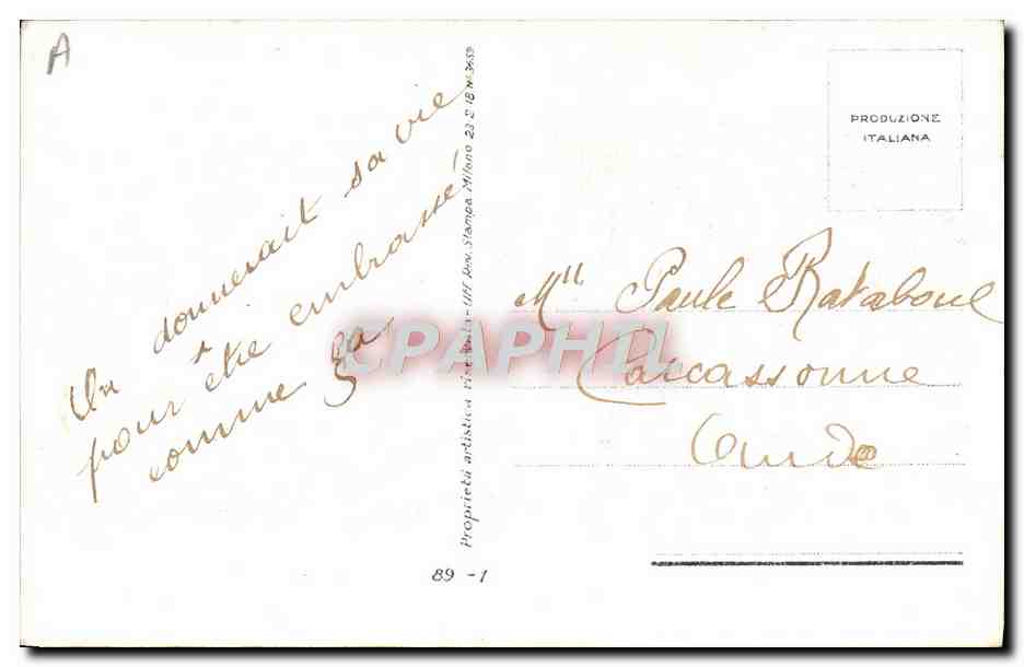 Ein Mann küsst eine Frau — romantische Szene — italienische Ausgabe, Serie 89-1 — Rückseite