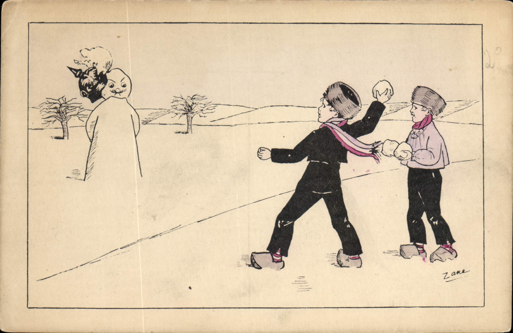 CPA Fantaisie Illustrateur Enfants Bataille de boules de neige 