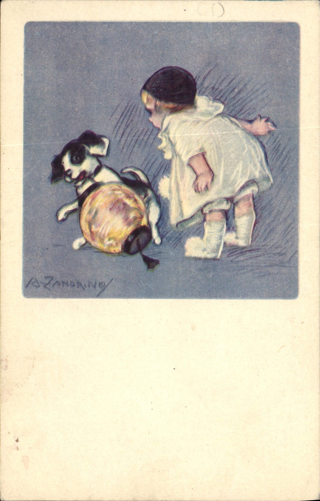 Enfant et chien jouant avec une balle — A. Zanbrino — Imprimerie Artistique Rizzoli, Milan