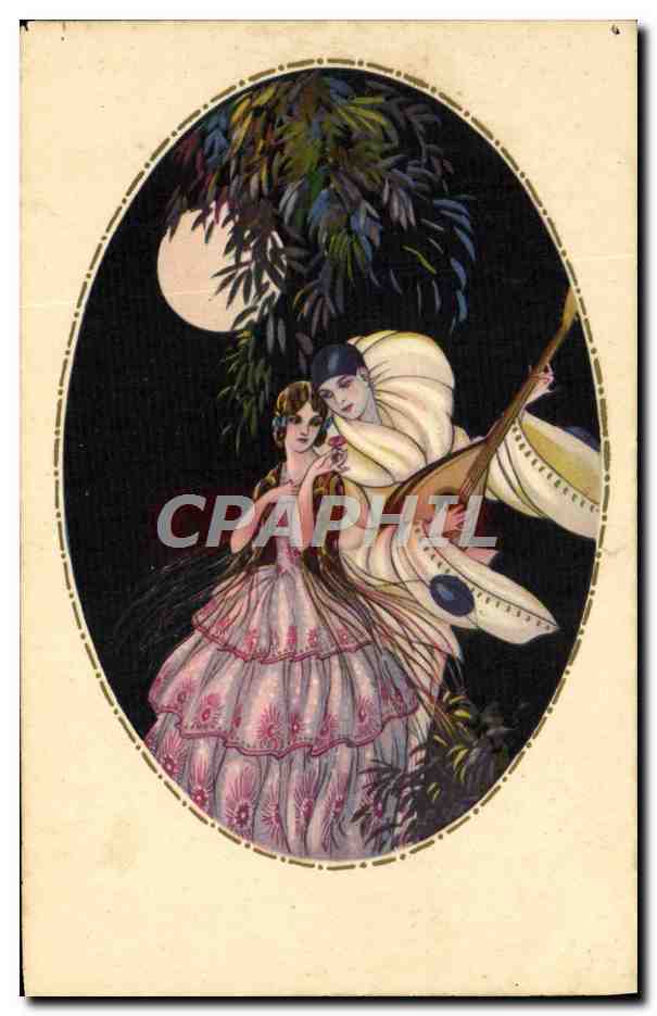 Deux femmes sous la lune — scène nocturne — éditeur inconnu, n° de série non visible
