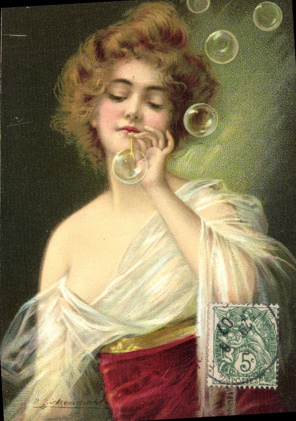 Jeune femme soufflant des bulles — B. Gichkenendörffer — Union postale universelle, Série 601, Nürnberg