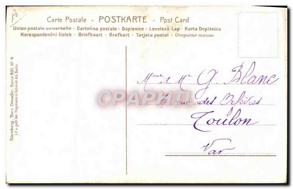 Jeune femme soufflant des bulles — B. Gichkenendörffer — Union postale universelle, Série 601, Nürnberg — Reverso