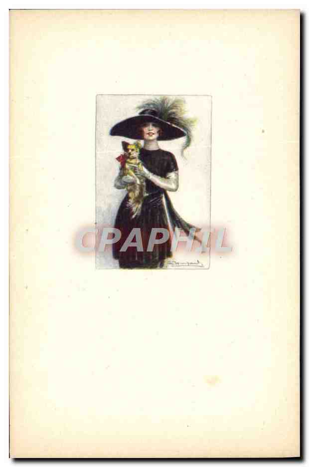 Femme en robe noire et chapeau — tenant un chat — dessin de Raymond Paul