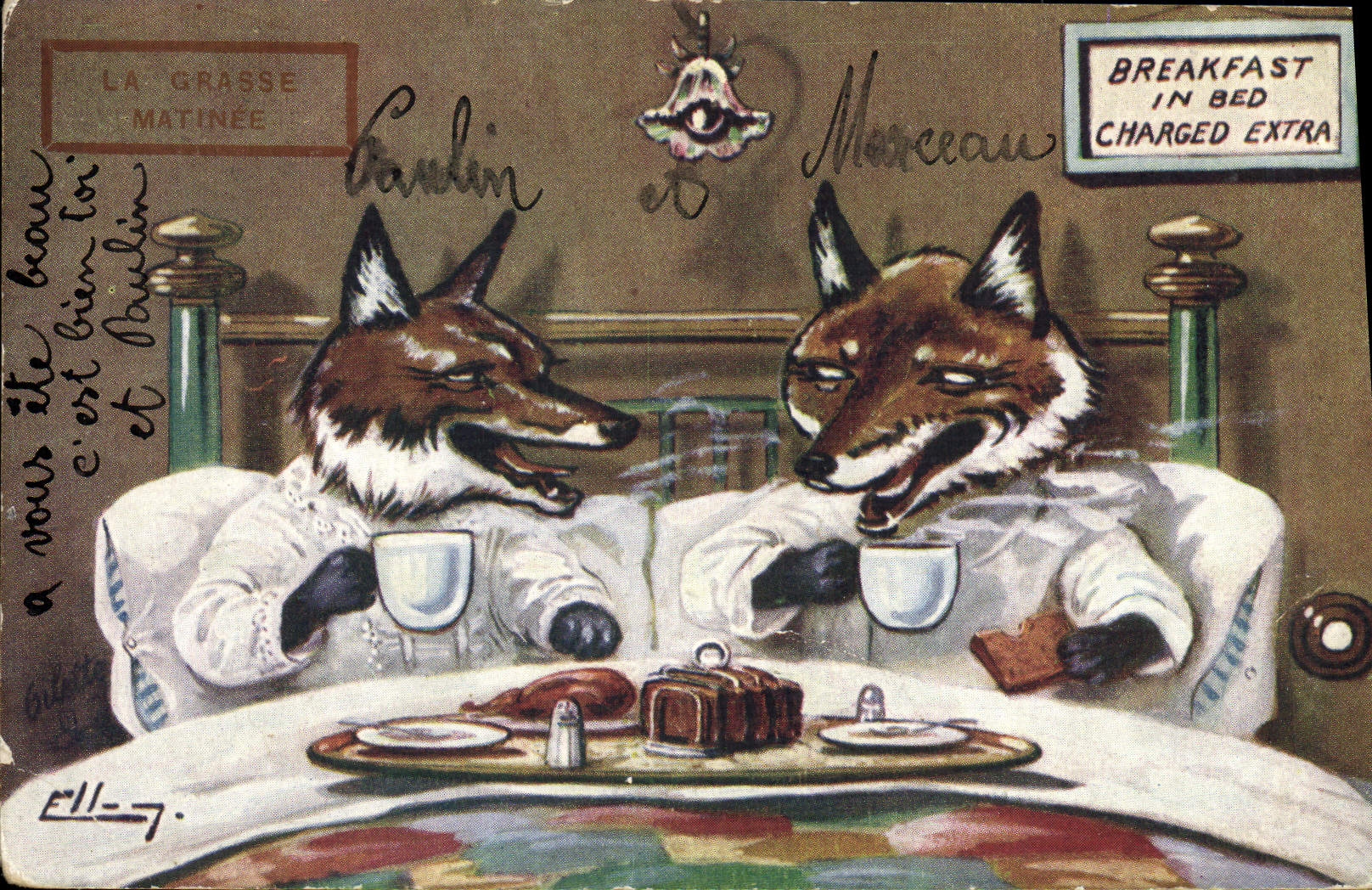 Deux renards au petit-déjeuner — La Grasse Matinée — Tuck's Post Card n° 9553 - Anverso