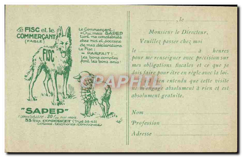 Le Fisc et le Commerçant — fable humoristique — S.A.P.E.P. (53 Rue Condorcet, Paris 9e)