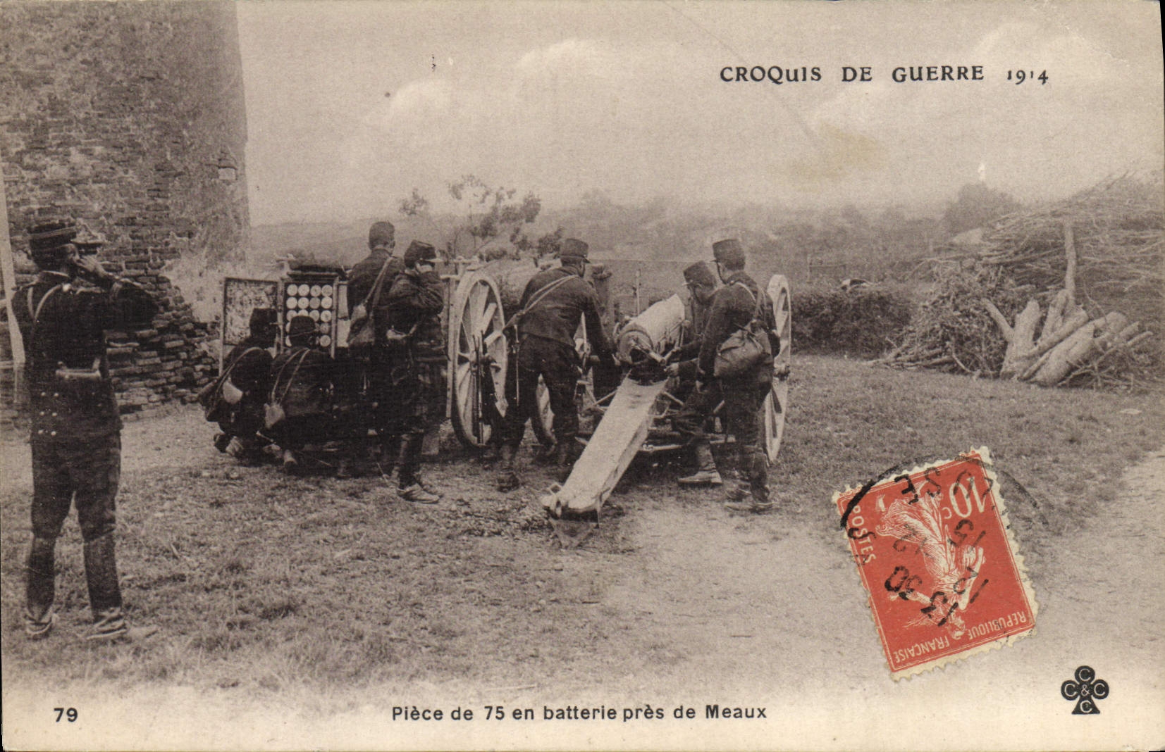 Pièce de 75 en batterie près de Meaux — Croquis de guerre 1914 — C&C