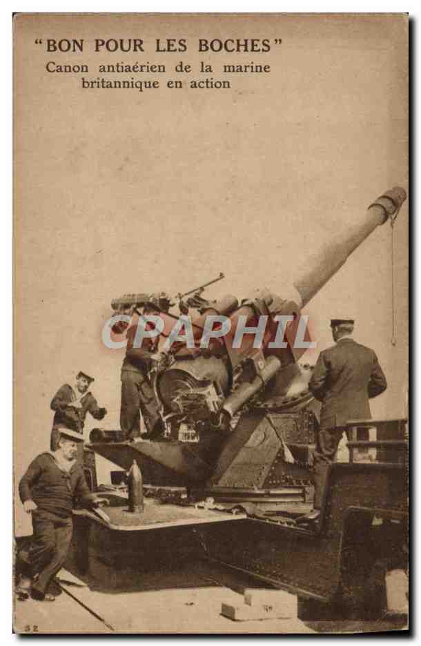 Canon antiaérien britannique en action — "Bon pour les Boches" — éditeur non visible