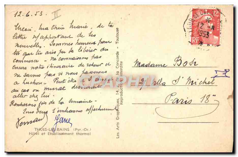 CPA Thermalisme Thues Les Bains Hotel Et Etablissement Thermal — Rückseite