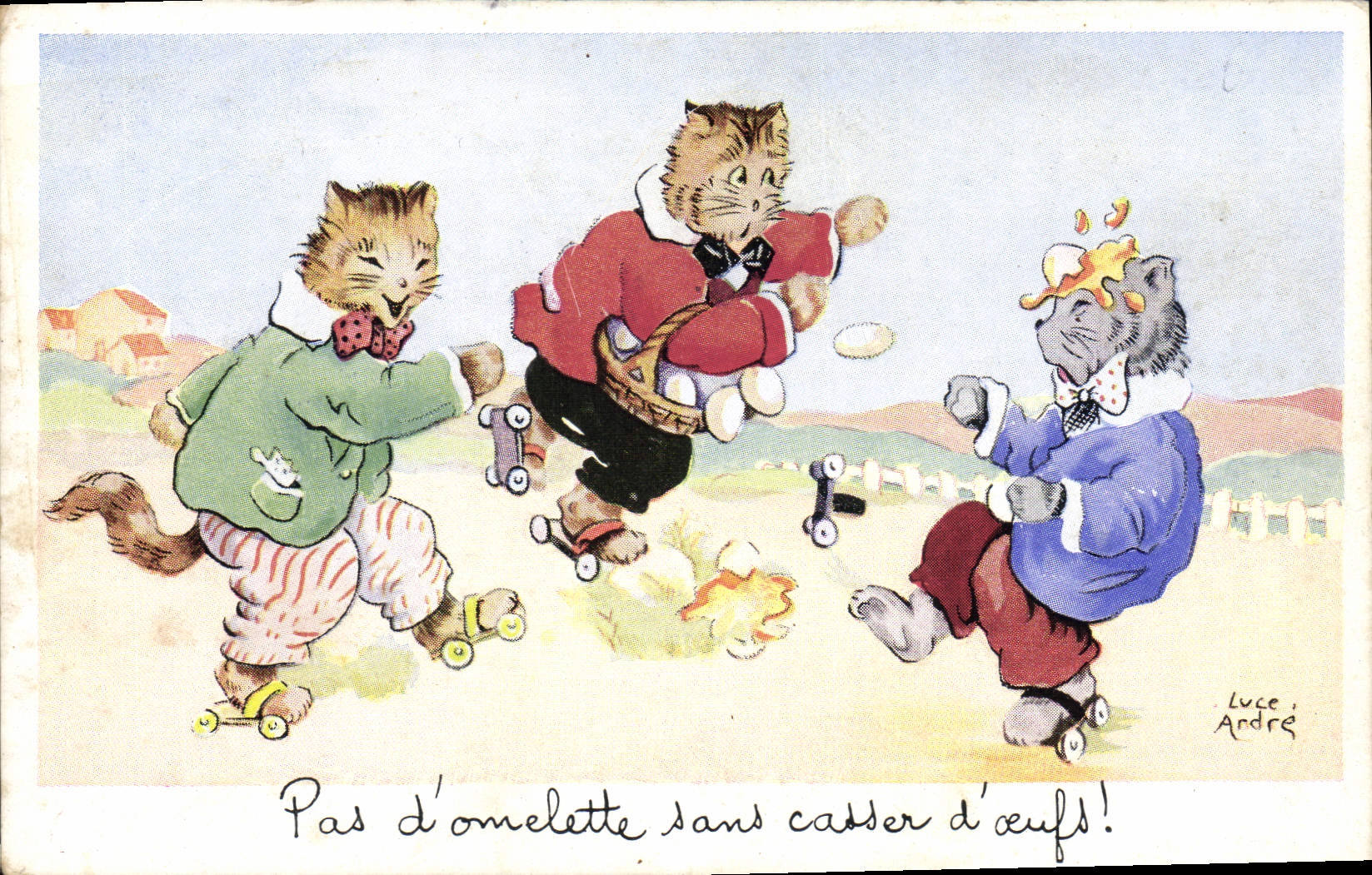 Trois chats sur roulettes — jeu d'œufs — Luce André
