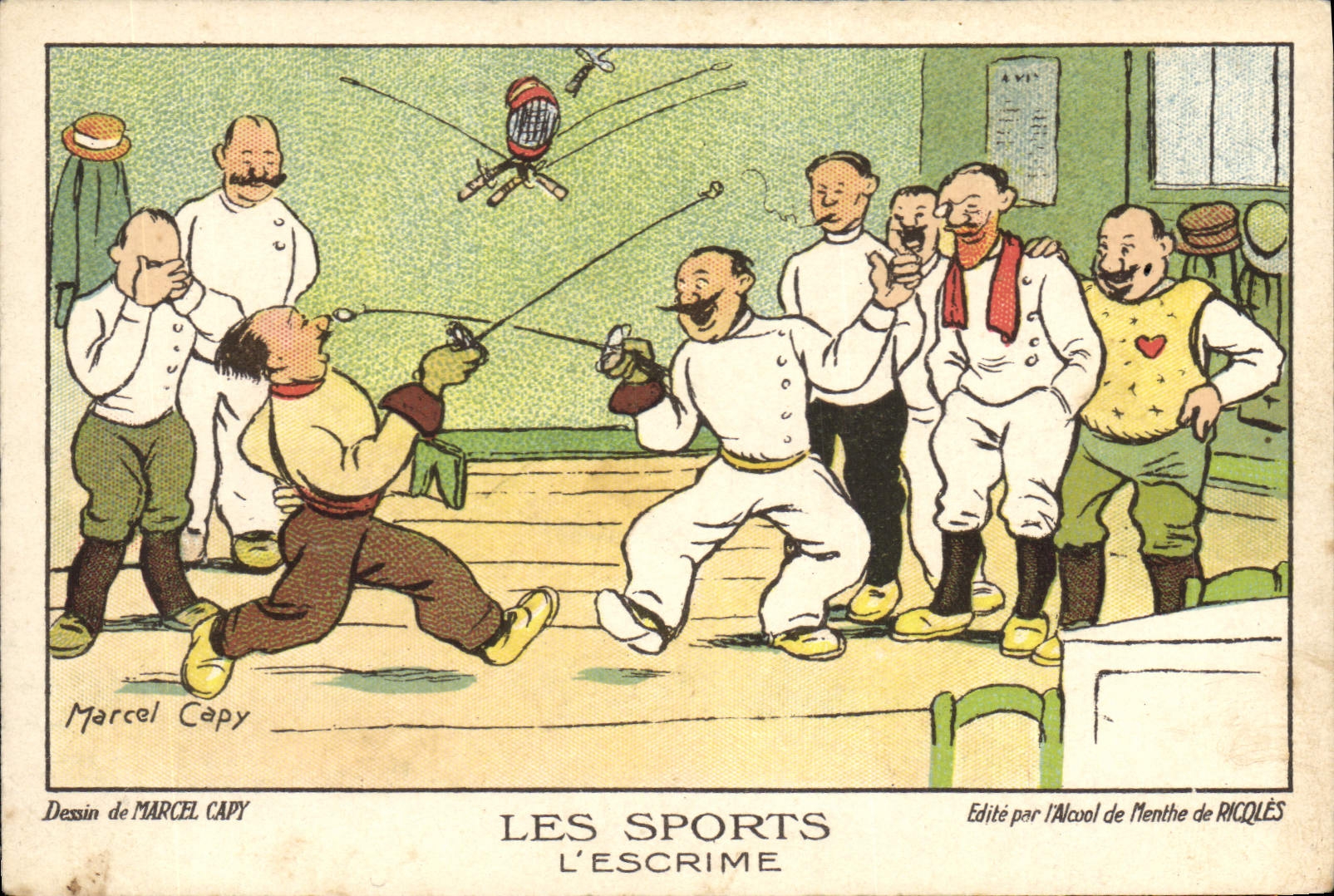L'ESCRIME — Les Sports — Dessin de Marcel Capy — Édité par l'Alcool de Menthe de Riccolès