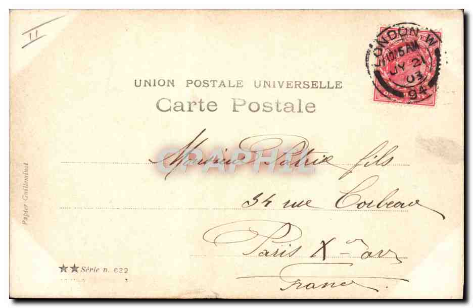 Un duelo precoz — escena con cuatro niños con espadas — Tarjeta postal antigua Guillotinée, serie n. 632 — Reverso