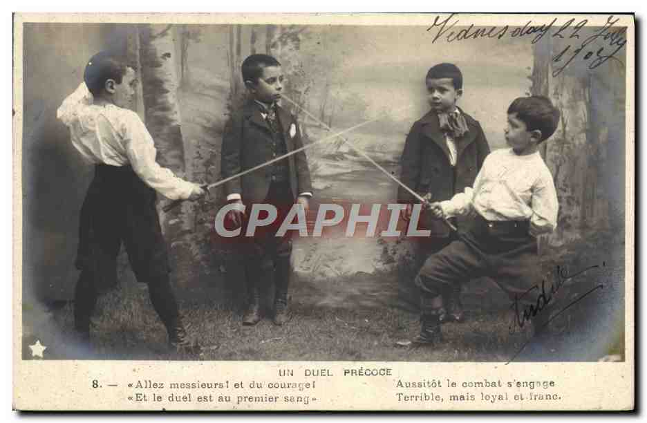 Un duelo temprano — cuatro niños jugando a duelo con espadas — editor Tardieu, n° 8