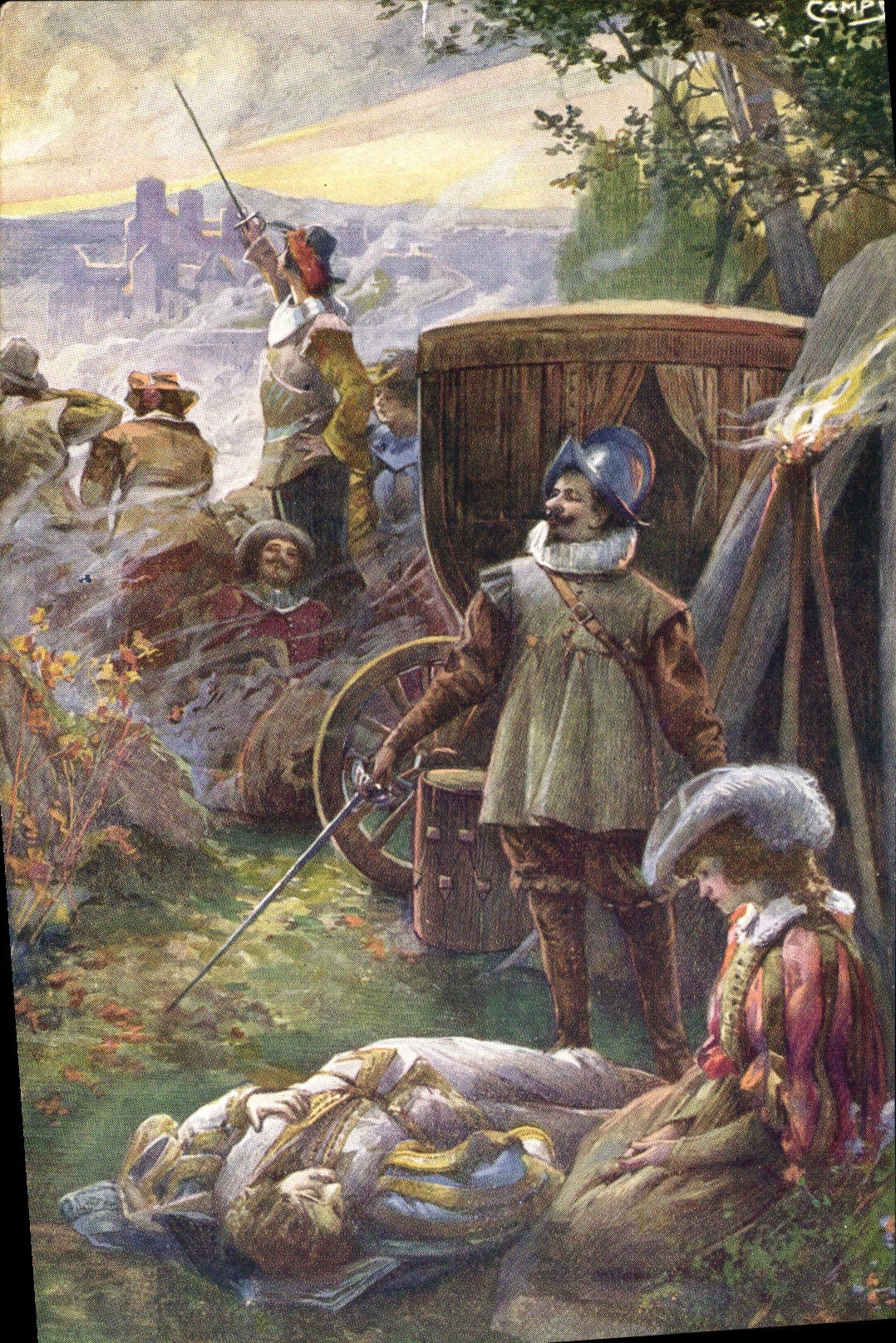 Scène de camp militaire — soldats et carrosse — dessin de Campi