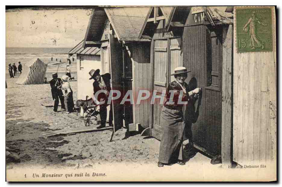 Un Monsieur qui suit la Dame — plage avec cabines — Édition Debune fils