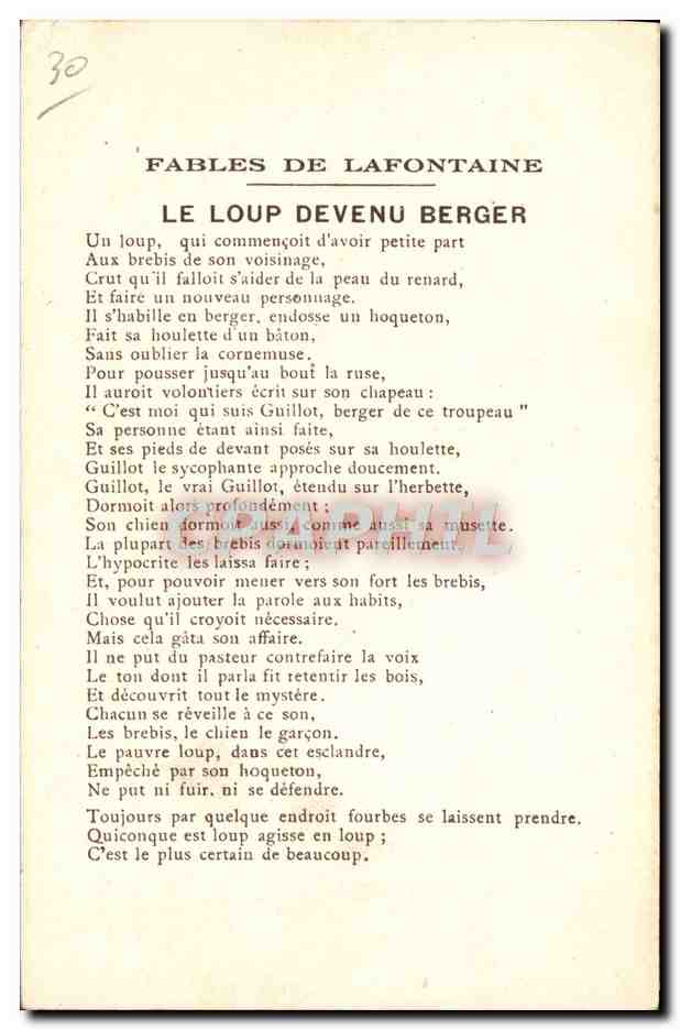 Le Loup Devenu Berger — Fables de La Fontaine — d'après Gustave Doré — Verso