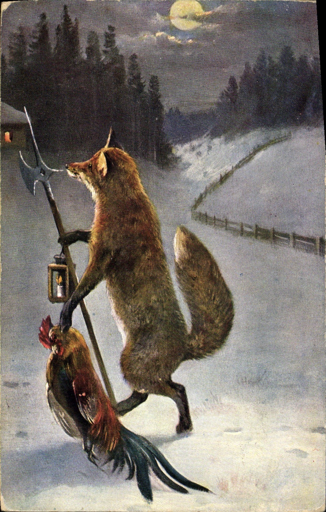 Renard avec un coq et une hache — scène nocturne enneigée — éditeur Union postale universelle, série 372