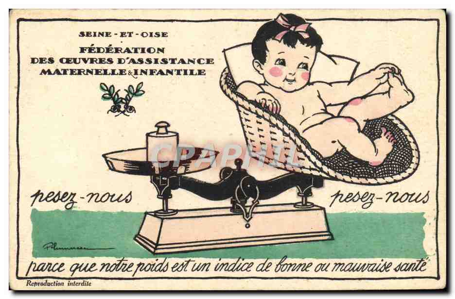 Séine-et-Oise — Fédération des œuvres d'assistance maternelle et infantile — 'Pesez-nous' — illustration d'un bébé sur une balance