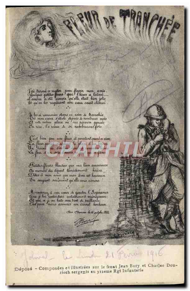 Pleureur de tranchée — Poème et illustration de soldats — Déposé sur le front Jean Bory et Charlec Douziech, sergents au 312ème Rgt Infanterie