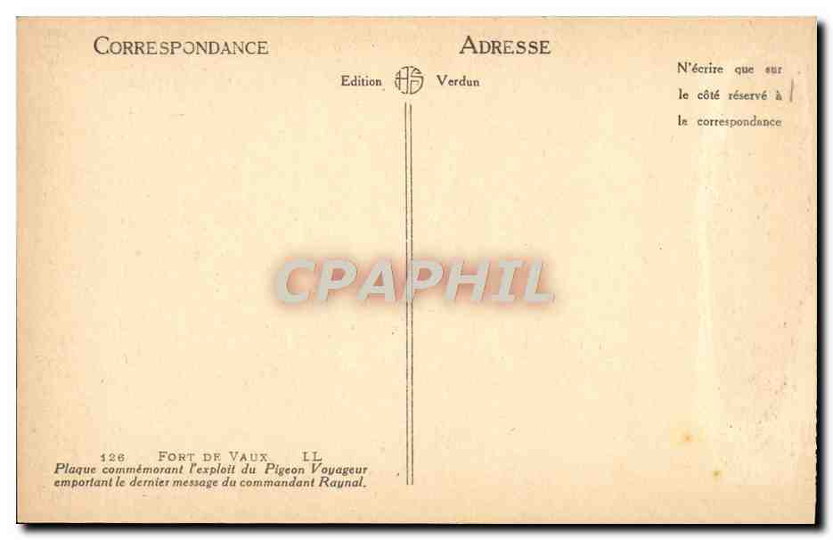 Fort de Vaux — Dernier pigeon voyageur du commandant Raynal — Édition Verdun — Verso