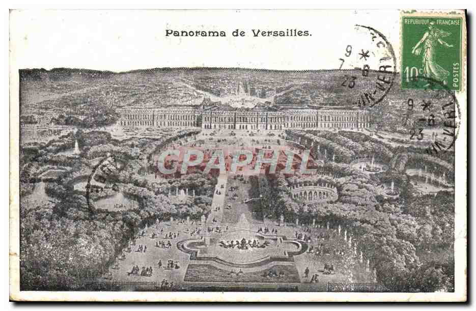 Panorama de Versailles — vue aérienne du château et des jardins — éditeur inconnu, n° de série non visible