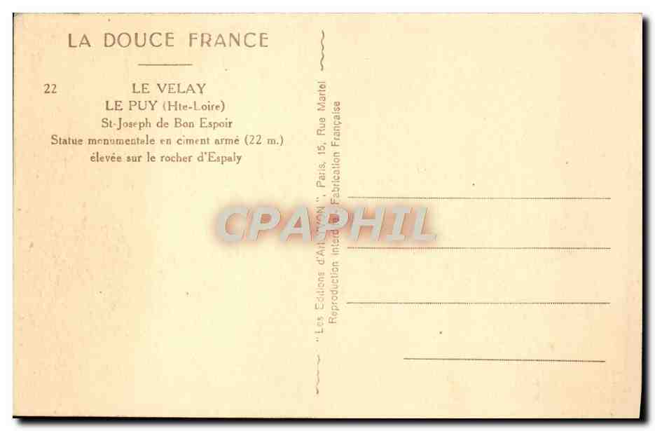 CPA Le Velay Le Puy St Joseph De Bon Espoir Statue monumentale en ciment arme — Rückseite